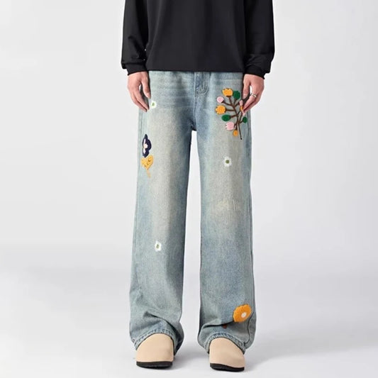 Floral Embroidered Baggy Jeans