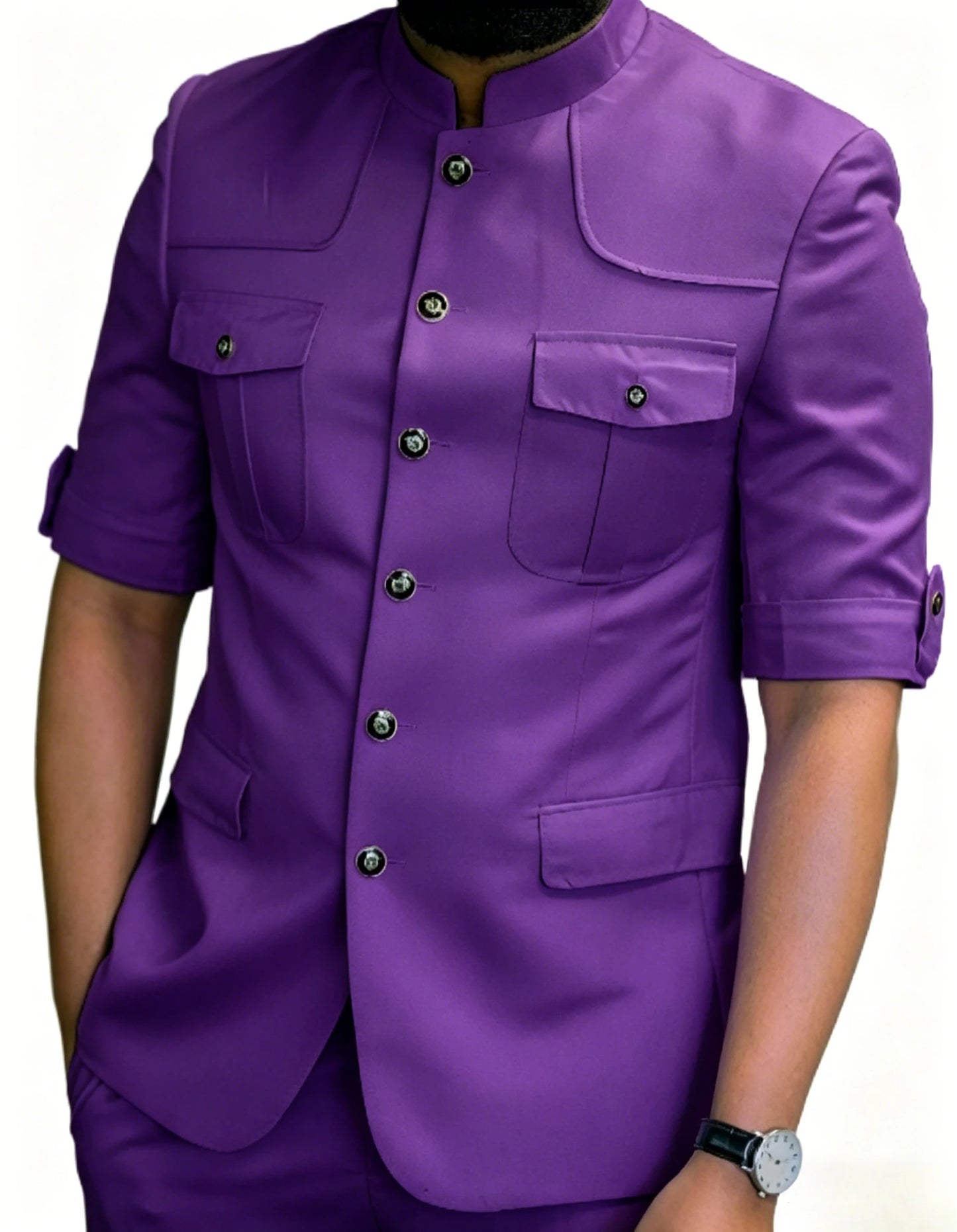 Safari Mandarin-Collar Blazer Pants Set