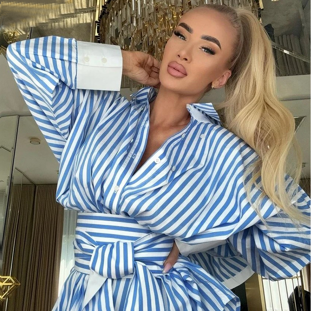 Clacive Fashion Loose Blue Stripe Women’s Dress