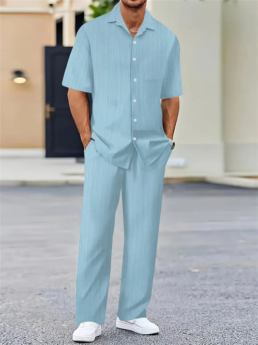 Striped 3D Print Lapel Shirt Set