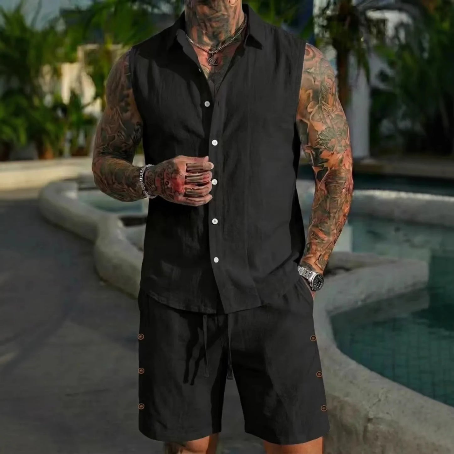 Linen Shirt Shorts Set