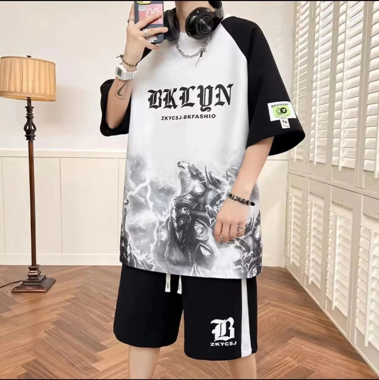 Letter Print Street Style Shorts Set