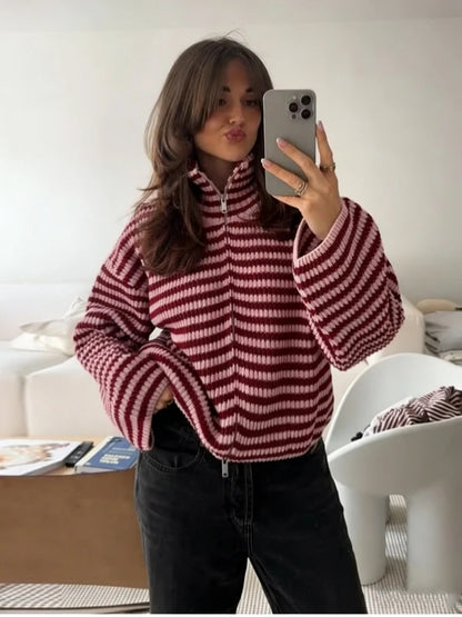 Striped Zip-Up Knit Cardigan