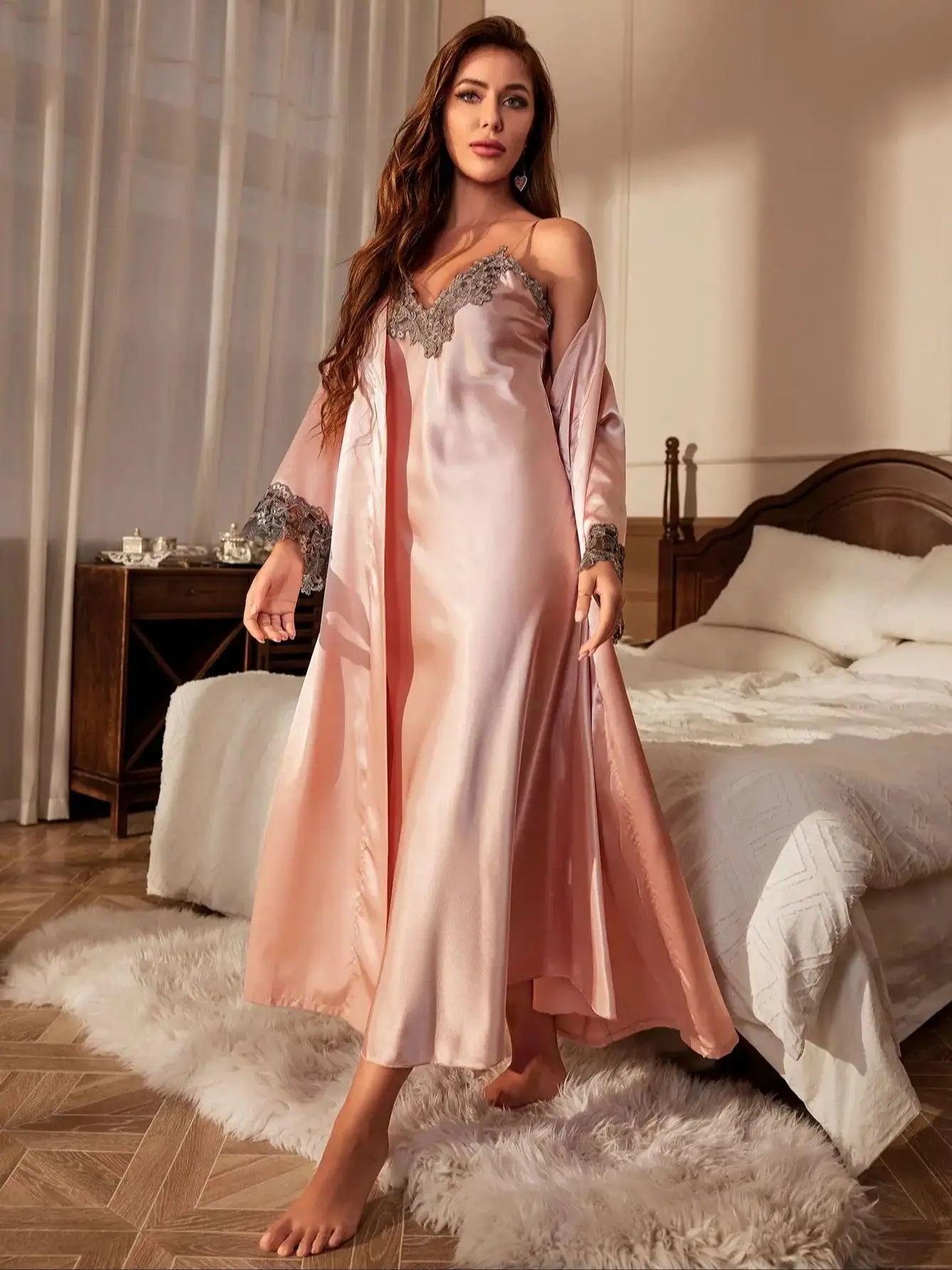 Contrast Lace Pajama Set with Belt