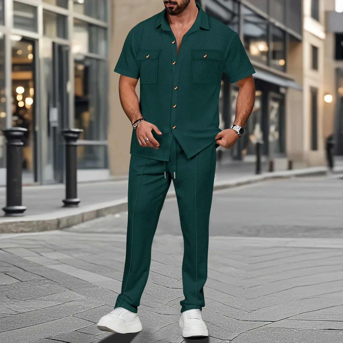 Cardigan Double-Pocket Shirt Pants Set