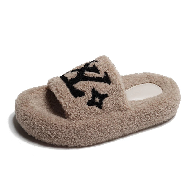 Flannel Plush Platform Slippers