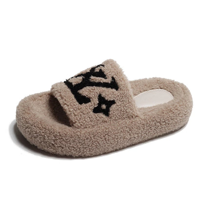 Flannel Plush Platform Slippers