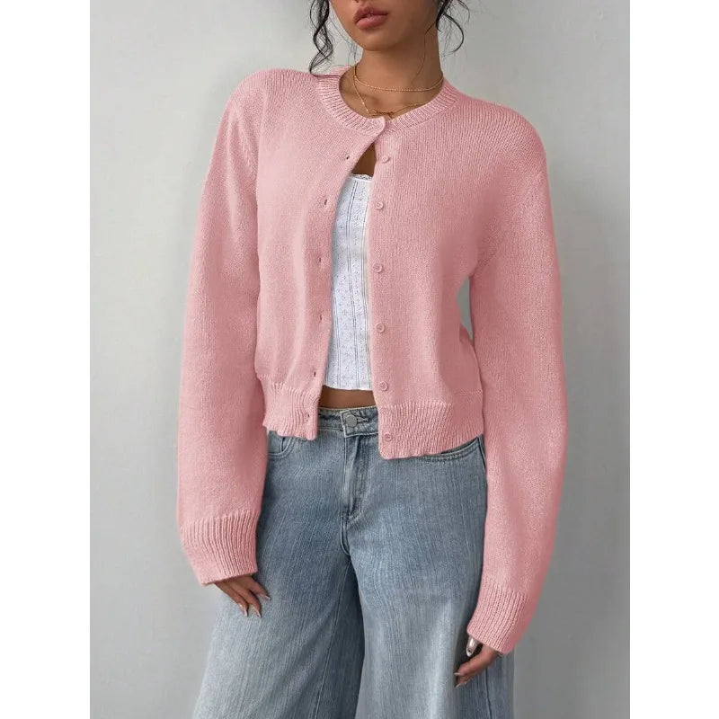 Cropped Button-Front Knit Cardigan