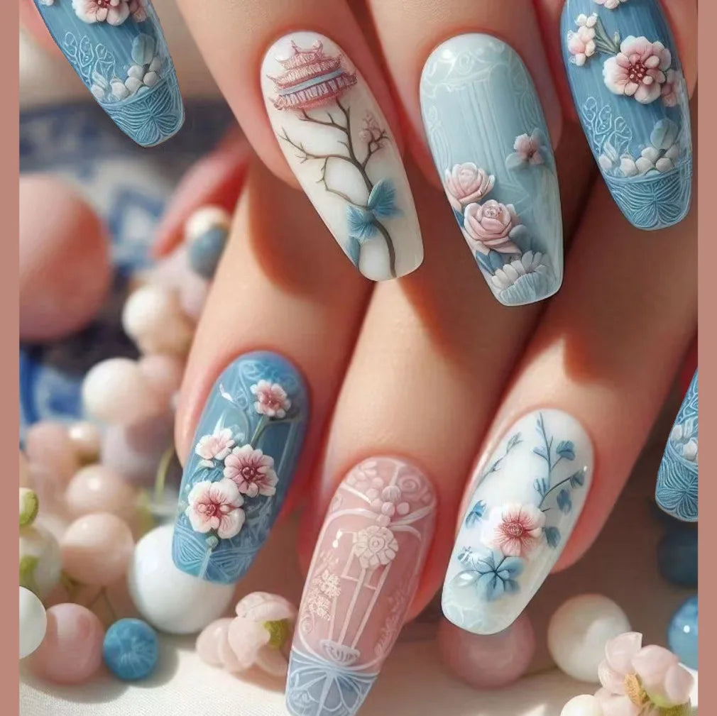 Pink Floral Almond Press On Nails