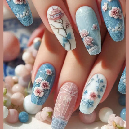 Pink Floral Almond Press On Nails