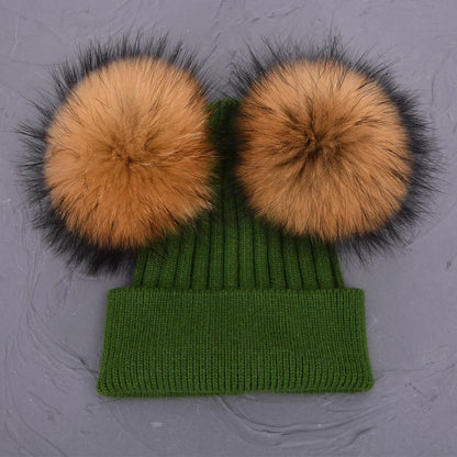 Double Fur Pompom Beanie