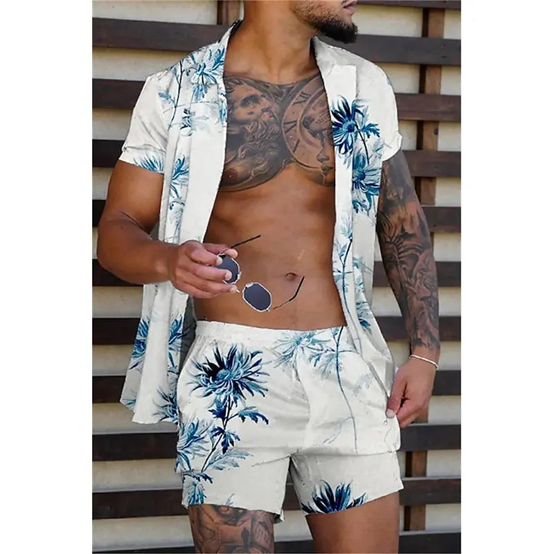 3D Flower Print Hawaiian Beach Set