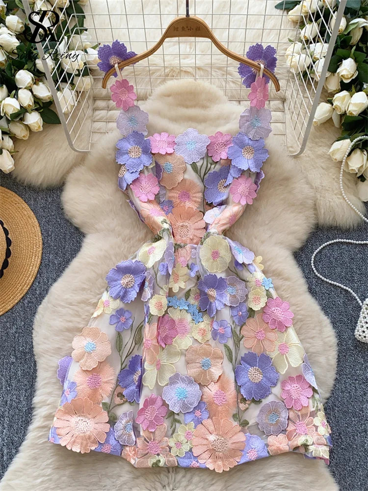 SINGREINY Chic Embroidery Strap Mini Dress