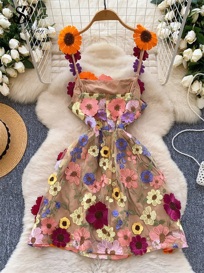 SINGREINY Chic Embroidery Strap Mini Dress