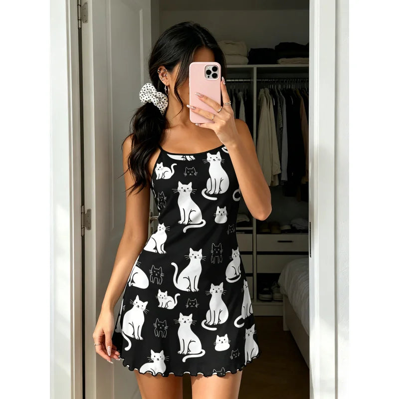 Cat Print Ruffle Trim Nightgown