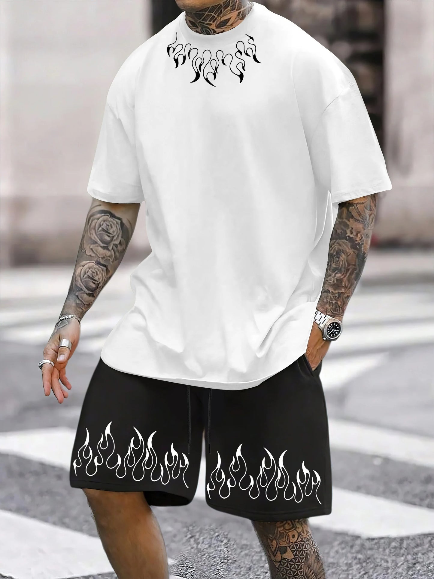Striped Print Short-Sleeve Sports Set