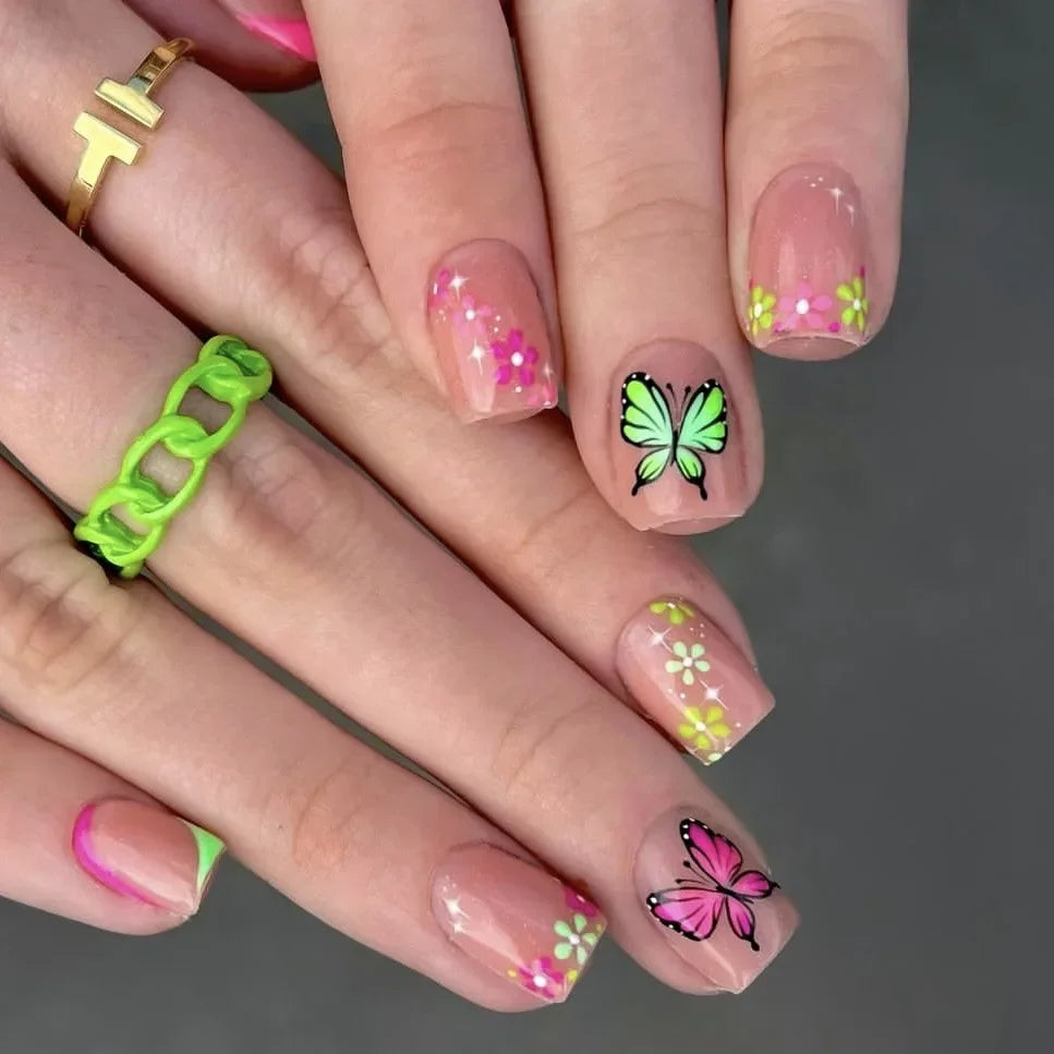 Pink Floral Press Nails