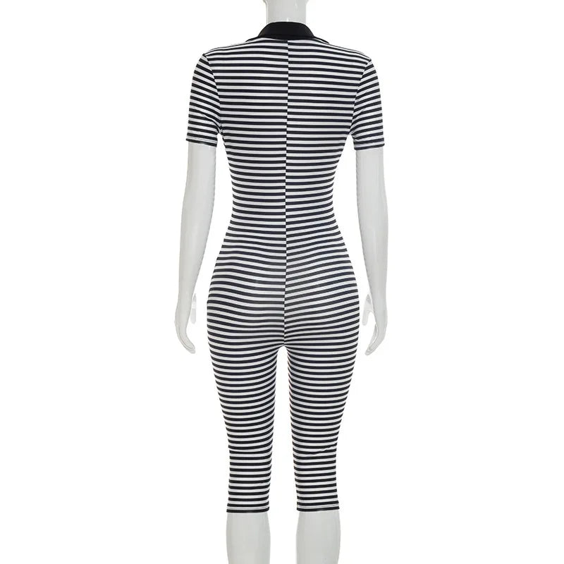 Striped V-Neck Button Jumpsuit