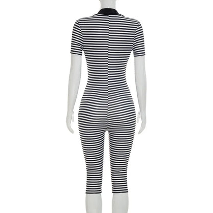 Striped V-Neck Button Jumpsuit