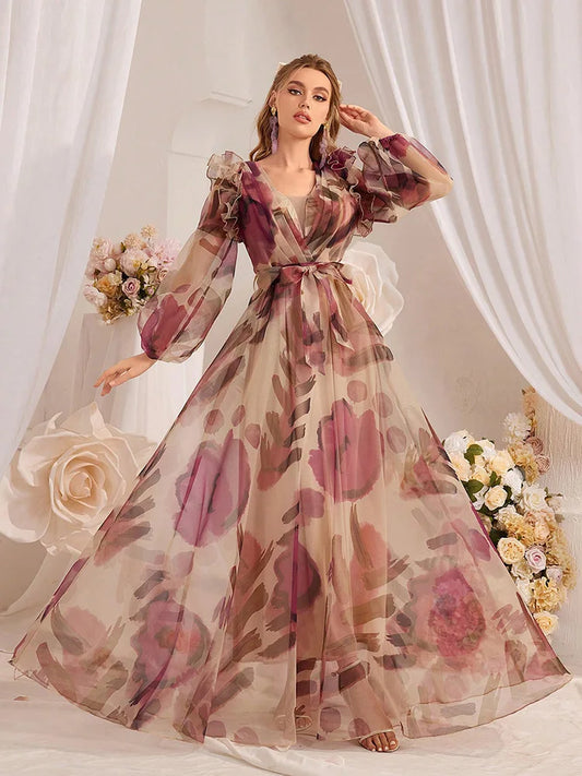 Floral Lantern Sleeve Maxi Dress