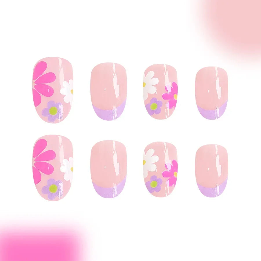 Pink Floral Almond Press On Nails