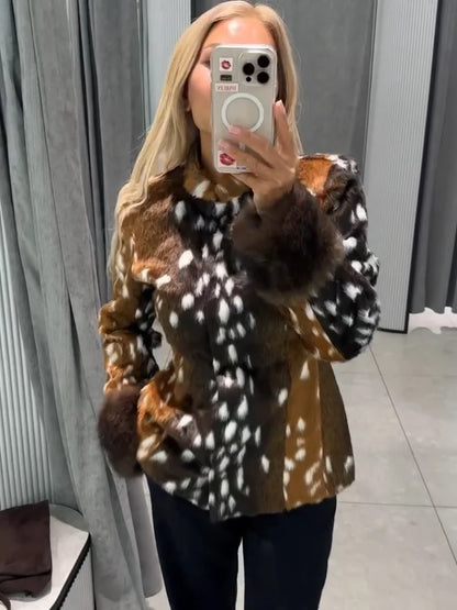 Deer Print Faux Fur Jacket