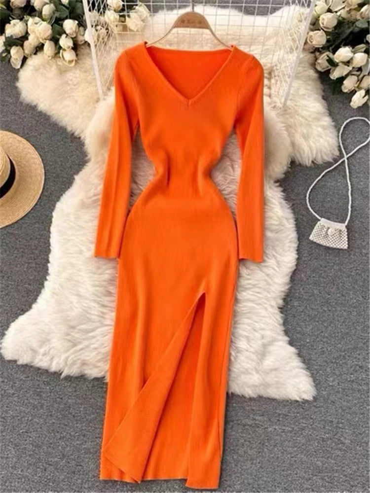 V-Neck Slit Sweater Dress