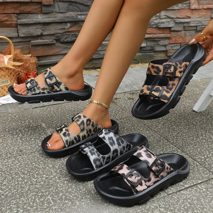 Leopard Buckle Summer Slides