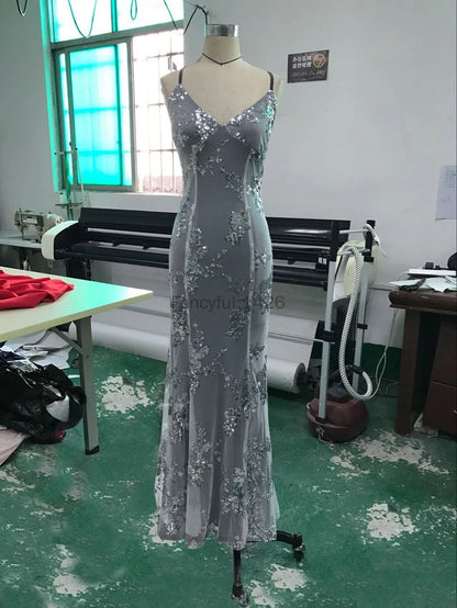 Sequin Backless V-Neck Dress