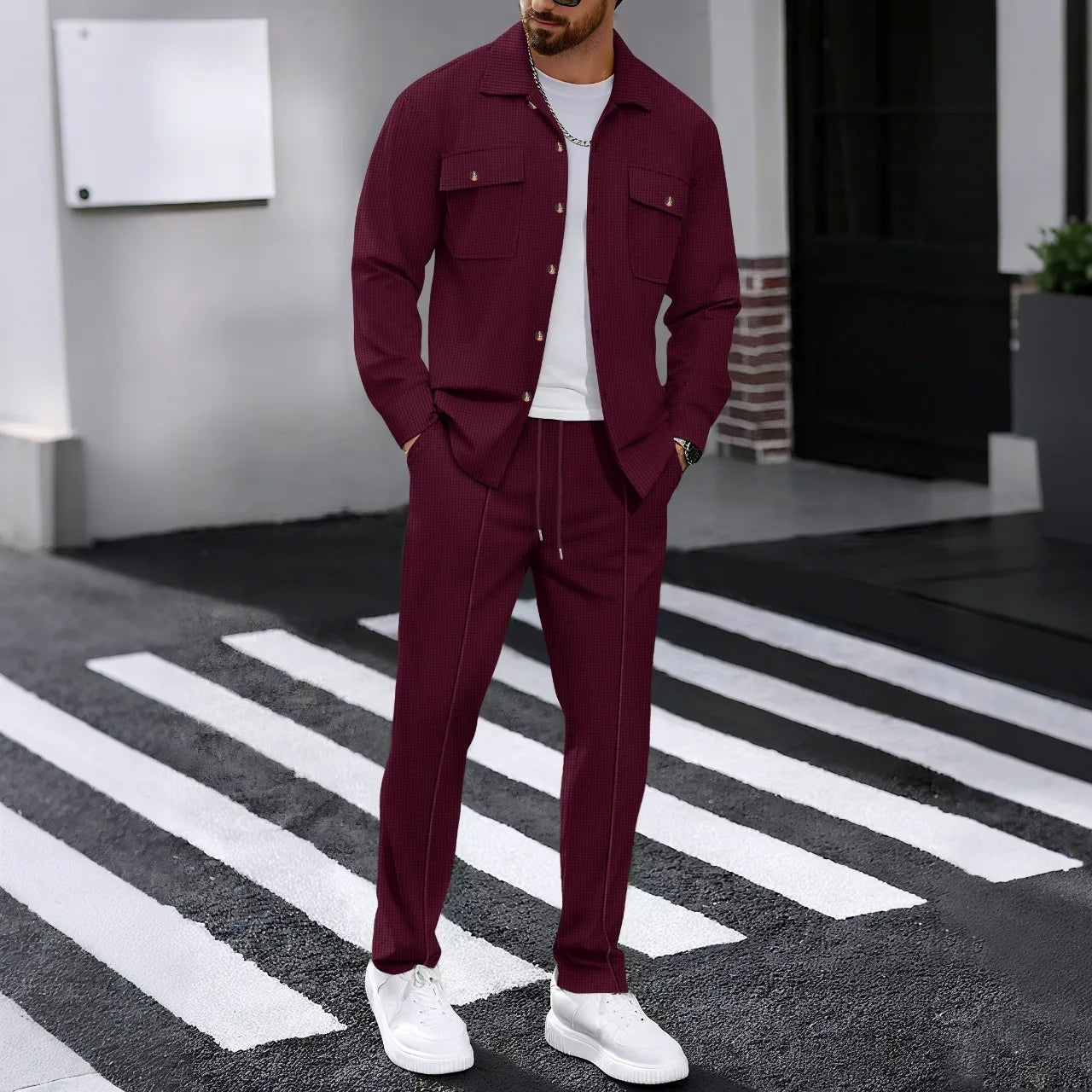 Waffle Long-Sleeve Cardigan Pants Set