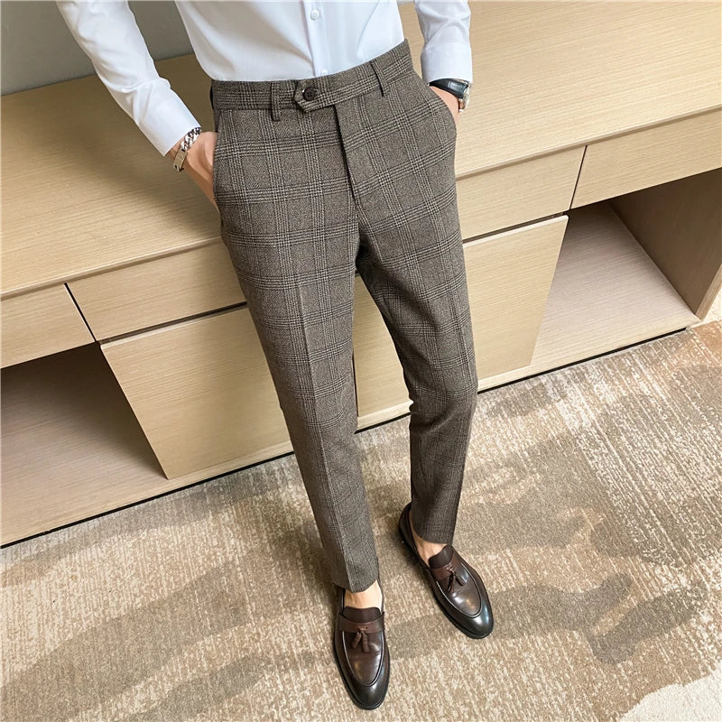Plaid Striped Slim Suit Trousers