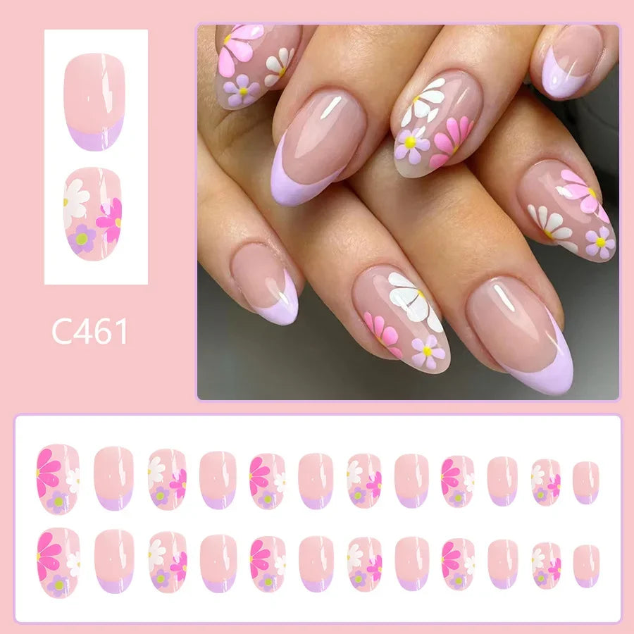 Pink Floral Almond Press On Nails