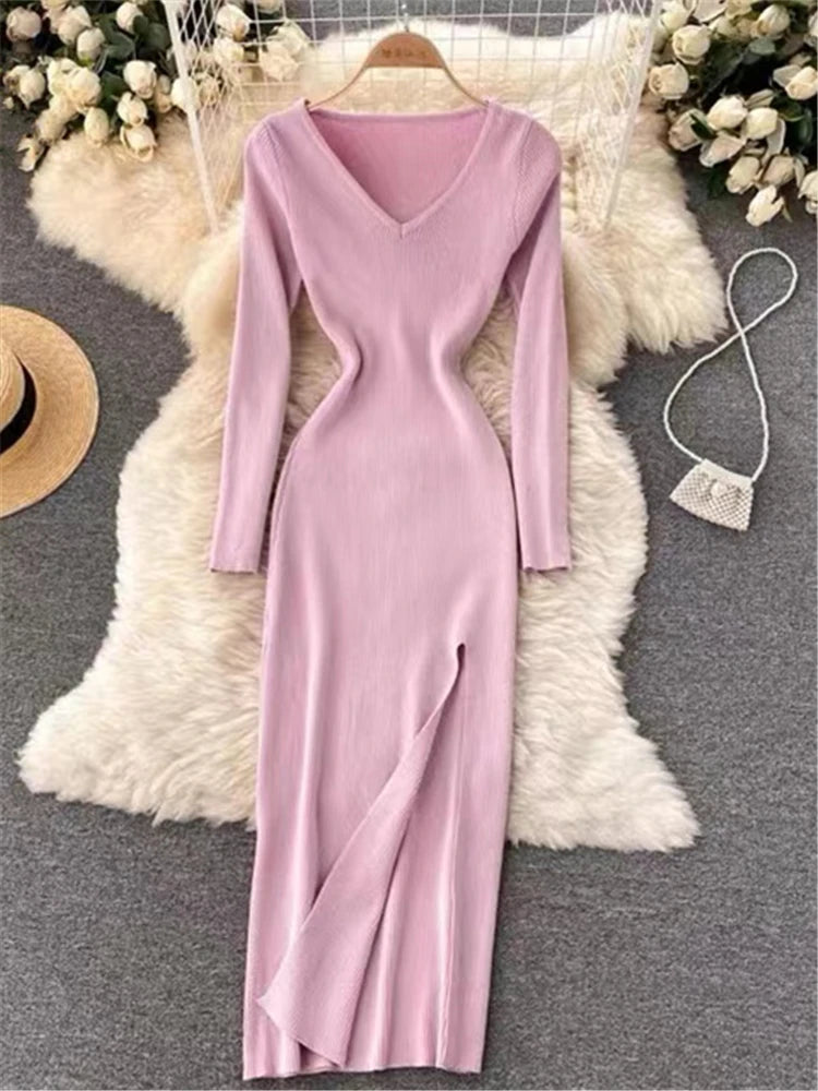 V-Neck Slit Sweater Dress