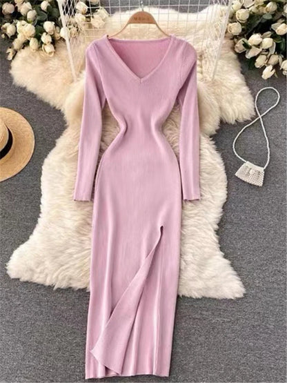 V-Neck Slit Sweater Dress