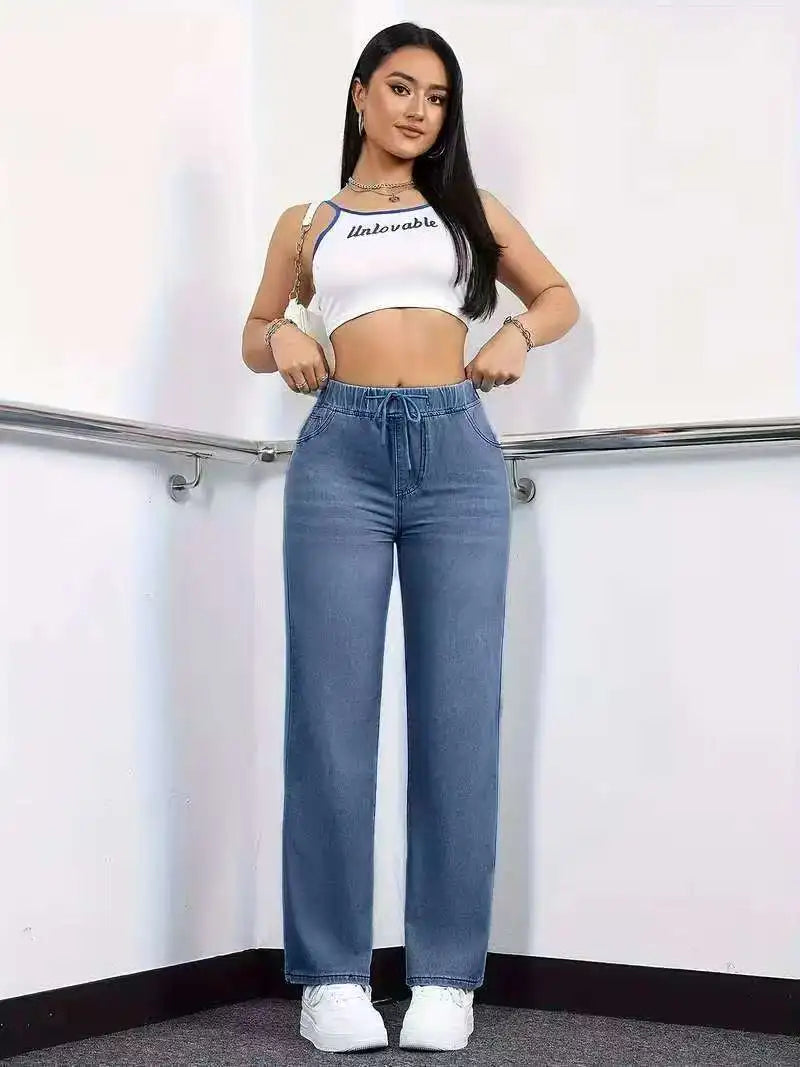 Elastic Drawstring Straight-Leg Jeans