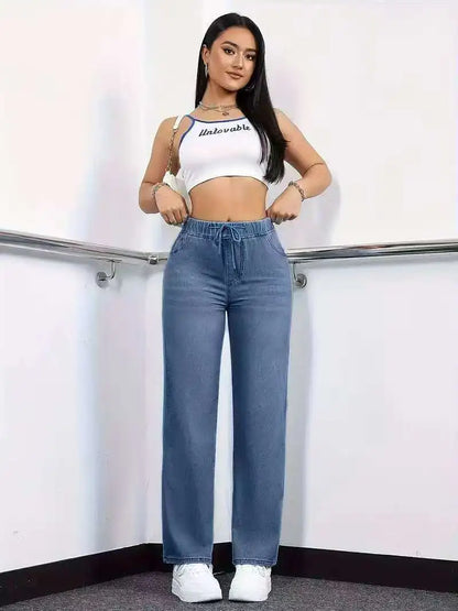 Elastic Drawstring Straight-Leg Jeans