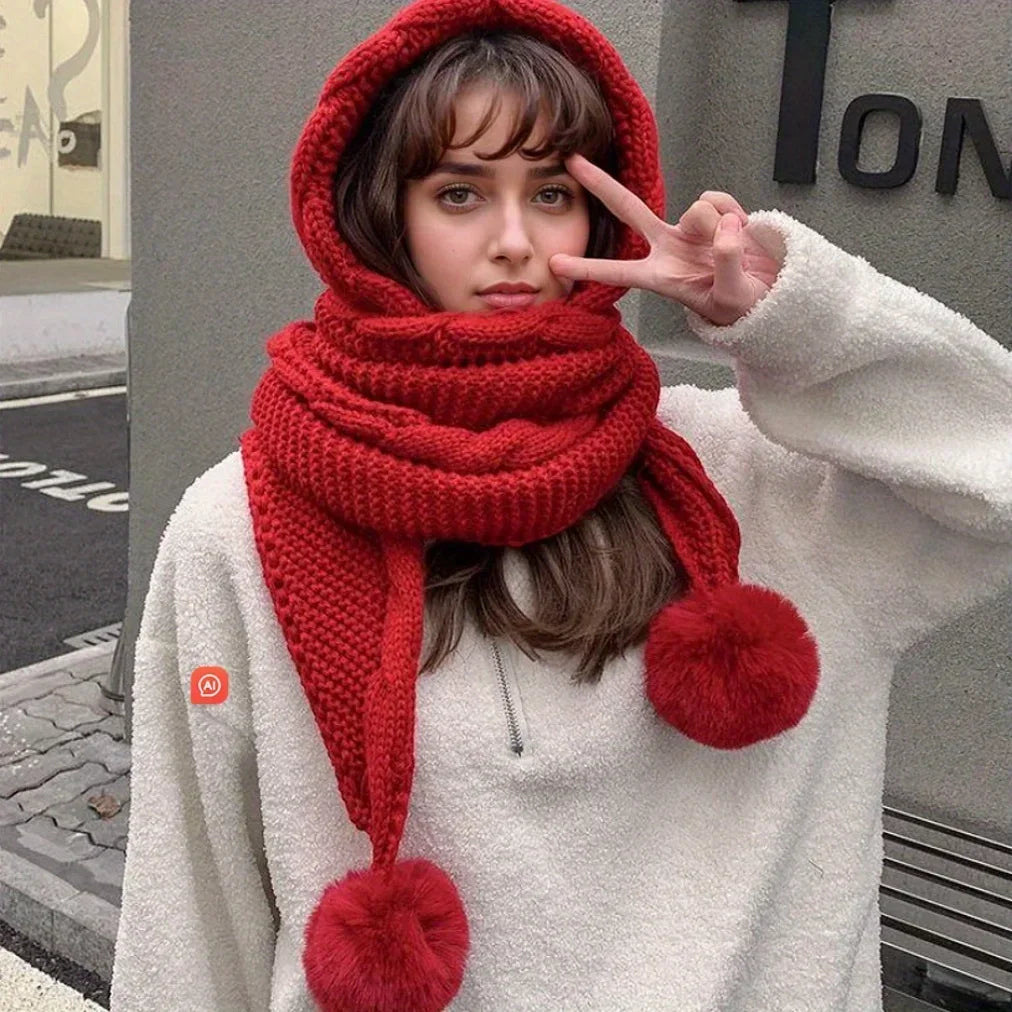 Pom Beanie with Attached Scarf
