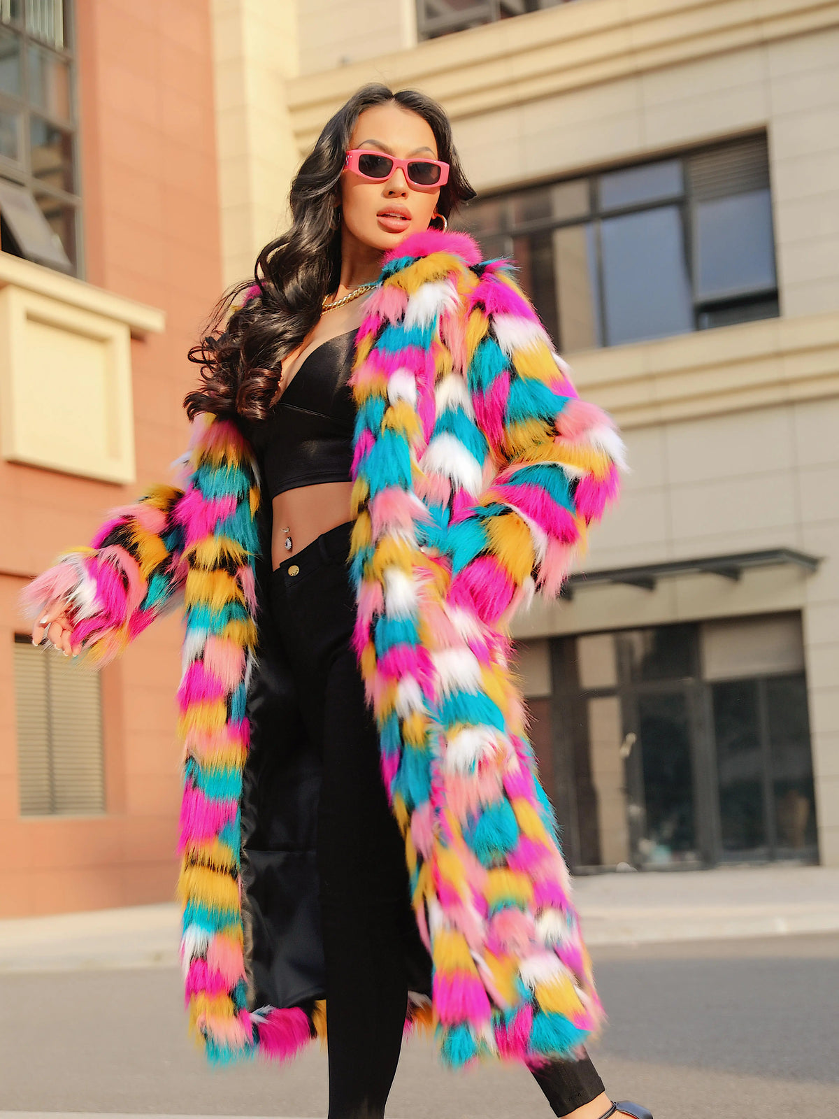 Rainbow Long Faux Fur Coat