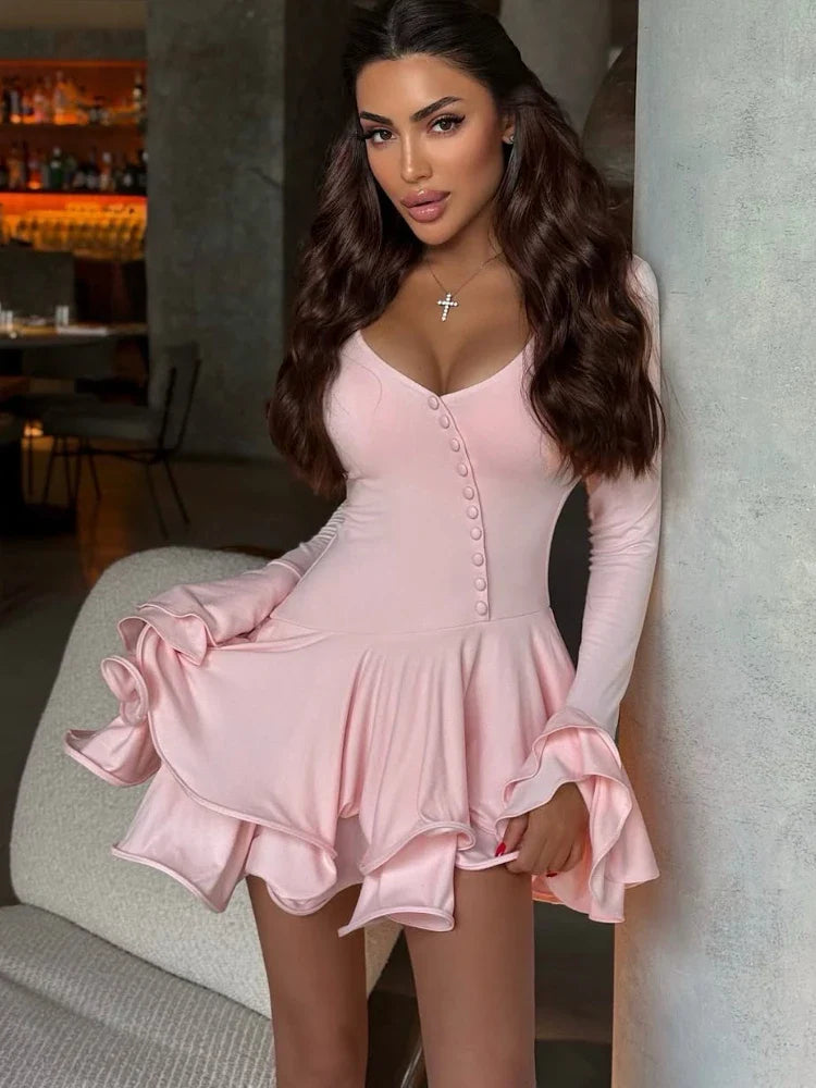 Ruffled V-Neck Mini Dress