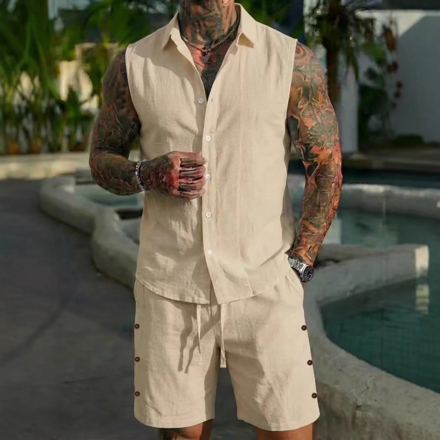 Linen Shirt Shorts Set