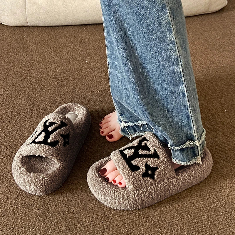Flannel Plush Platform Slippers