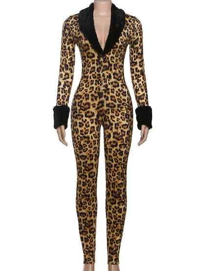 Leopard Print Long-Sleeve Jumpsuit