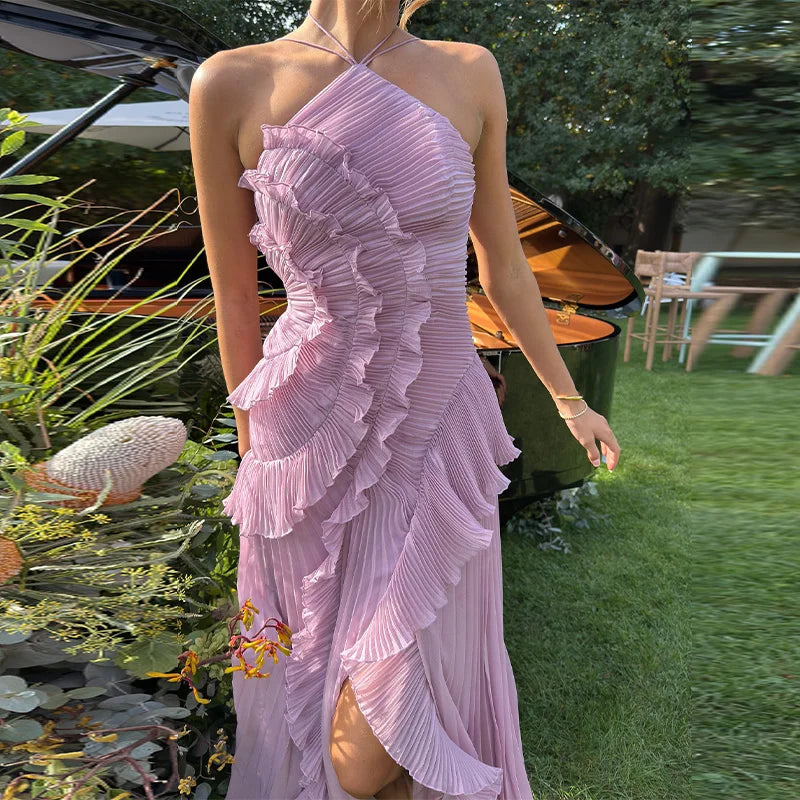 Purple Ruffle Backless Evening Dress