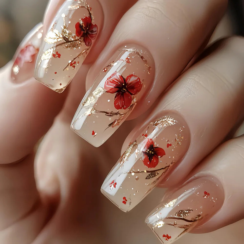 Pink Floral Almond Press On Nails
