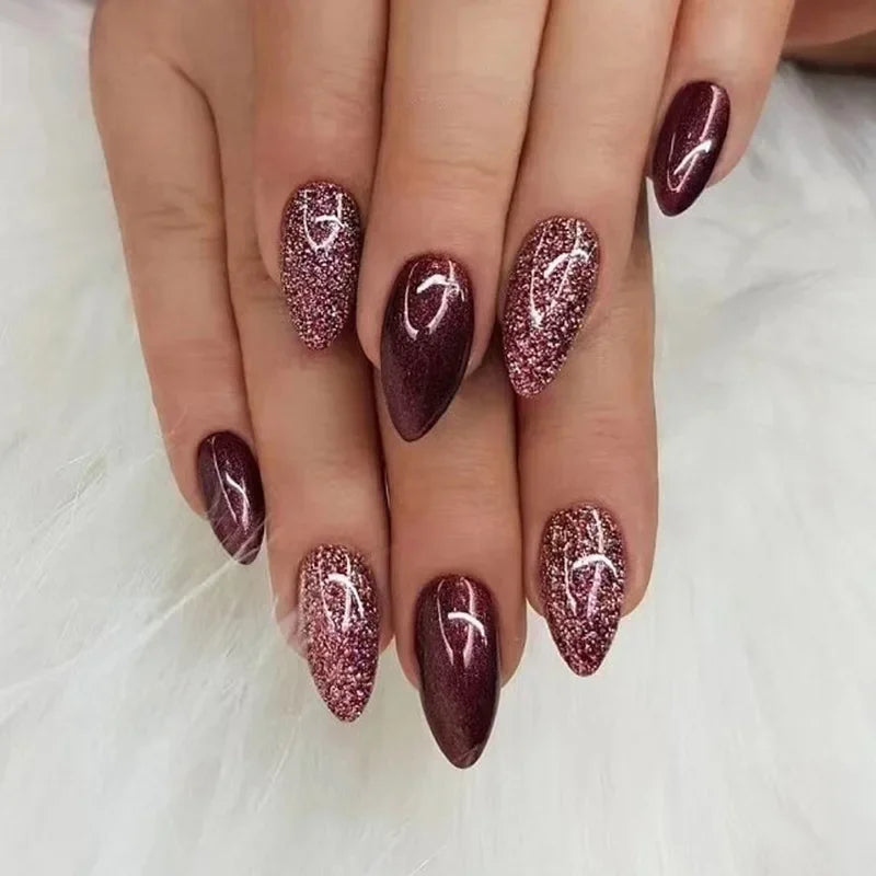 Wine Red Almond Press On Nails
