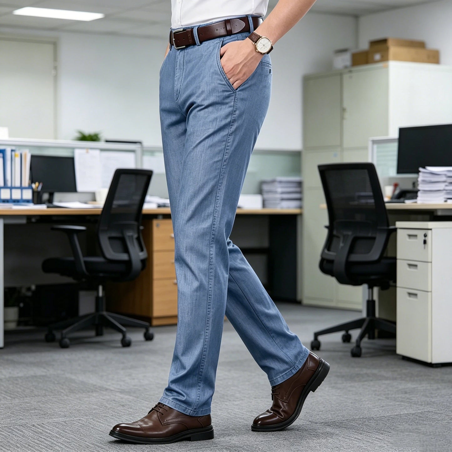 Straight Leg Denim Dress Pants