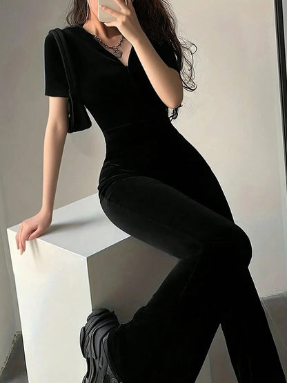 Hooded Velvet Zip-Front Jumpsuit