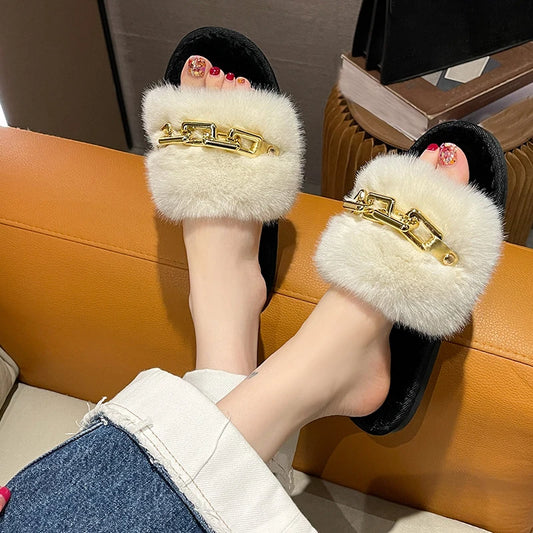 Women Metal Plush Winter Slippers