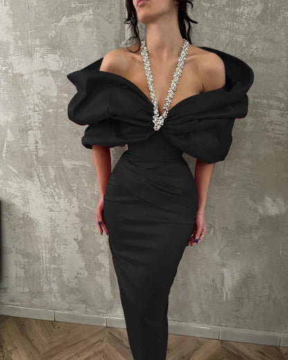 Celurvei Crystal Ruffle Halter Bandage Dress