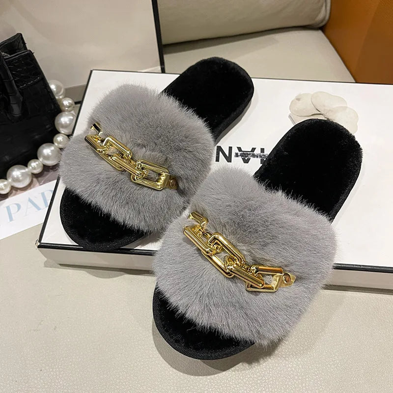 Women Metal Plush Winter Slippers